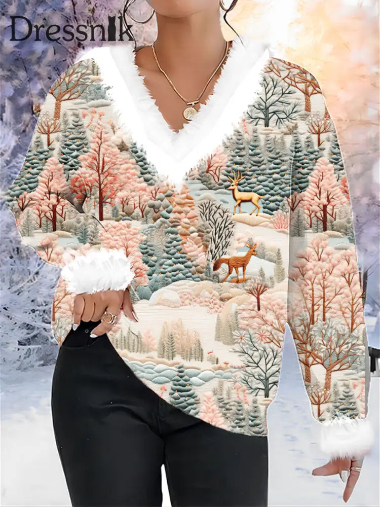 Damen-Pelzkragen-Pullover Mit Weihnachts Hirsch Druck