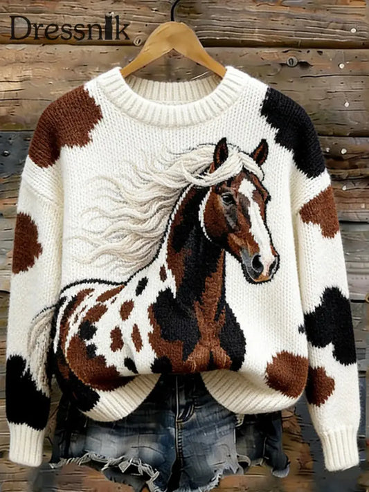 Damen Pferd Design Pullover mit Rundhals ausschnitt als bild / S