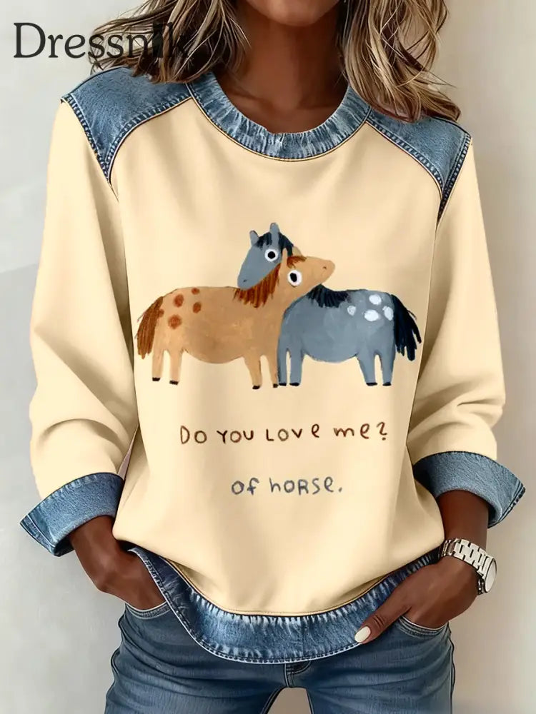 Damen Pferd Kunstdruck Denim Patchwork Sweatshirt Aprikose / S