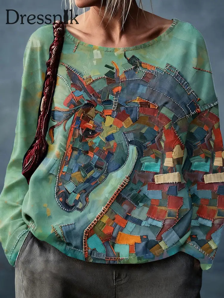 Damen pferde Kunst bedruckte Tops Grün / S