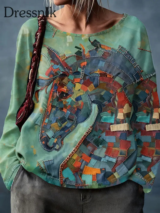 Damen pferde Kunst bedruckte Tops Grün / S