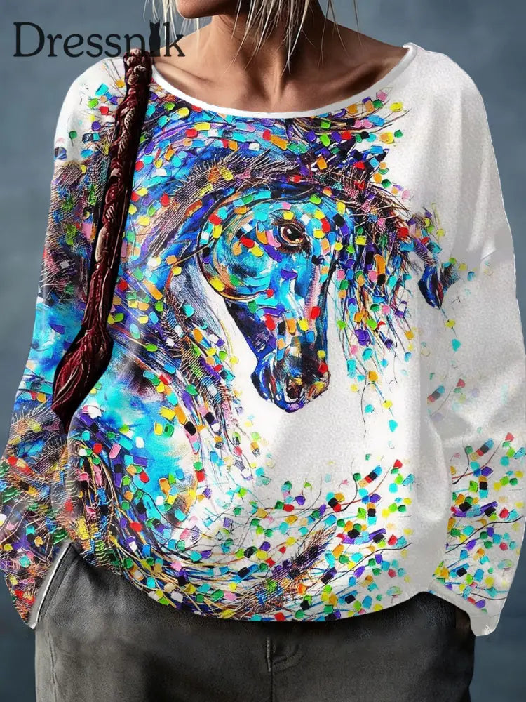 Damen pferde Kunst bedruckte Tops Weiß / S