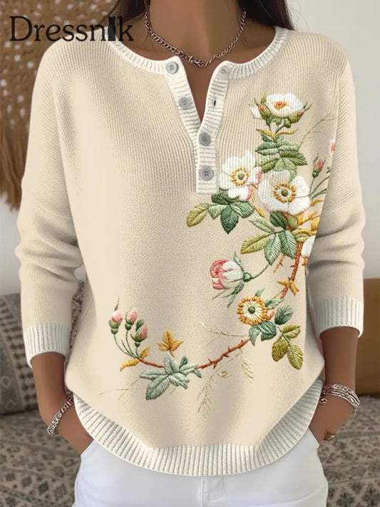 Damen Pullover mit Blumen stickerei Eleganz Henley Hals Khaki / S