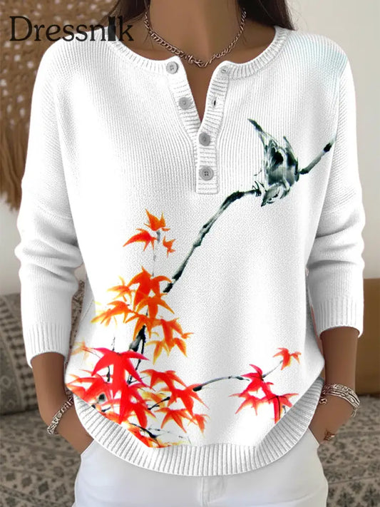 Damen Pullover mit Blumen weißem Henley-Hals Weiß / S