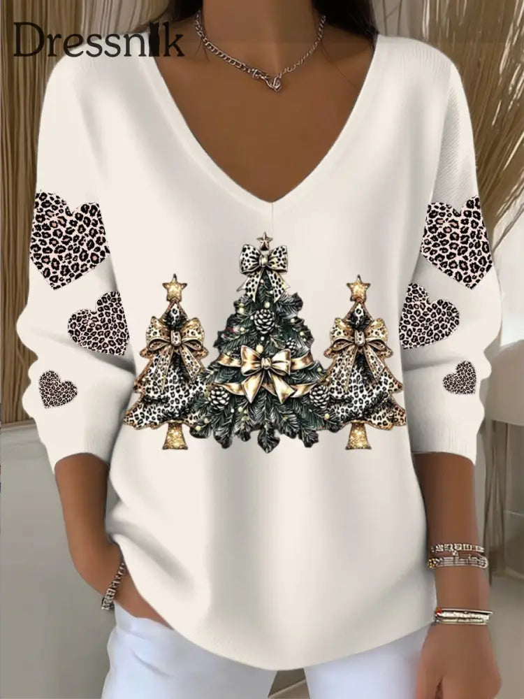 Damen-Pullover mit V-Ausschnitt eleganter Leopard-Herz-und Weihnachts baum druck mehrfarbig / S