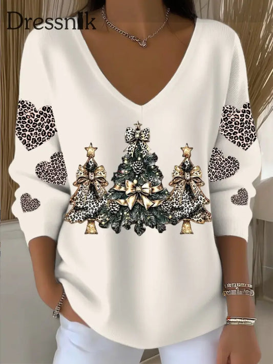 Damen-Pullover mit V-Ausschnitt eleganter Leopard-Herz-und Weihnachts baum druck mehrfarbig / S