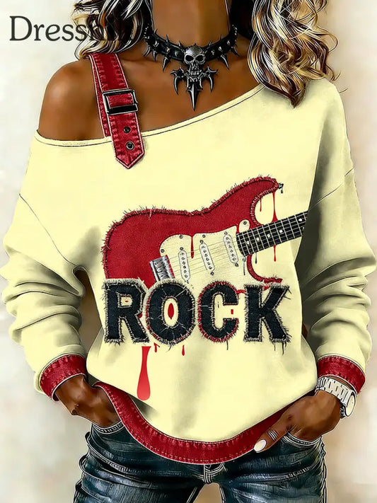 Damen Punk bedruckte Schulter-Hosenträger-Freizeit pullover hellgelb / S