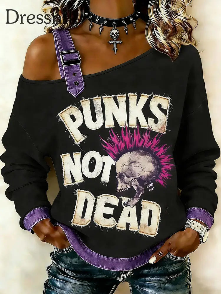 Damen Punk Totenkopf Bedruckt Ein Schulter Hosenträger Lässiger Pullover Schwarz / S