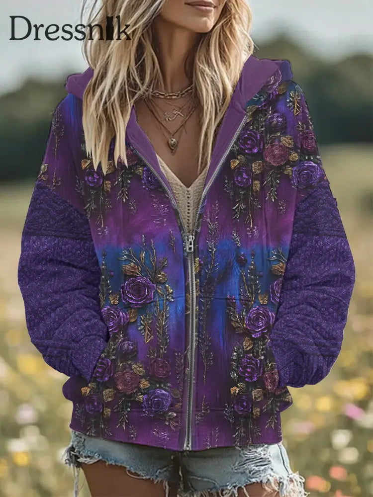 Damen Retro 3D Blumen stickerei Gradienten muster mit Kapuze Reiß verschluss Übergroße Strickjacke Lila / S