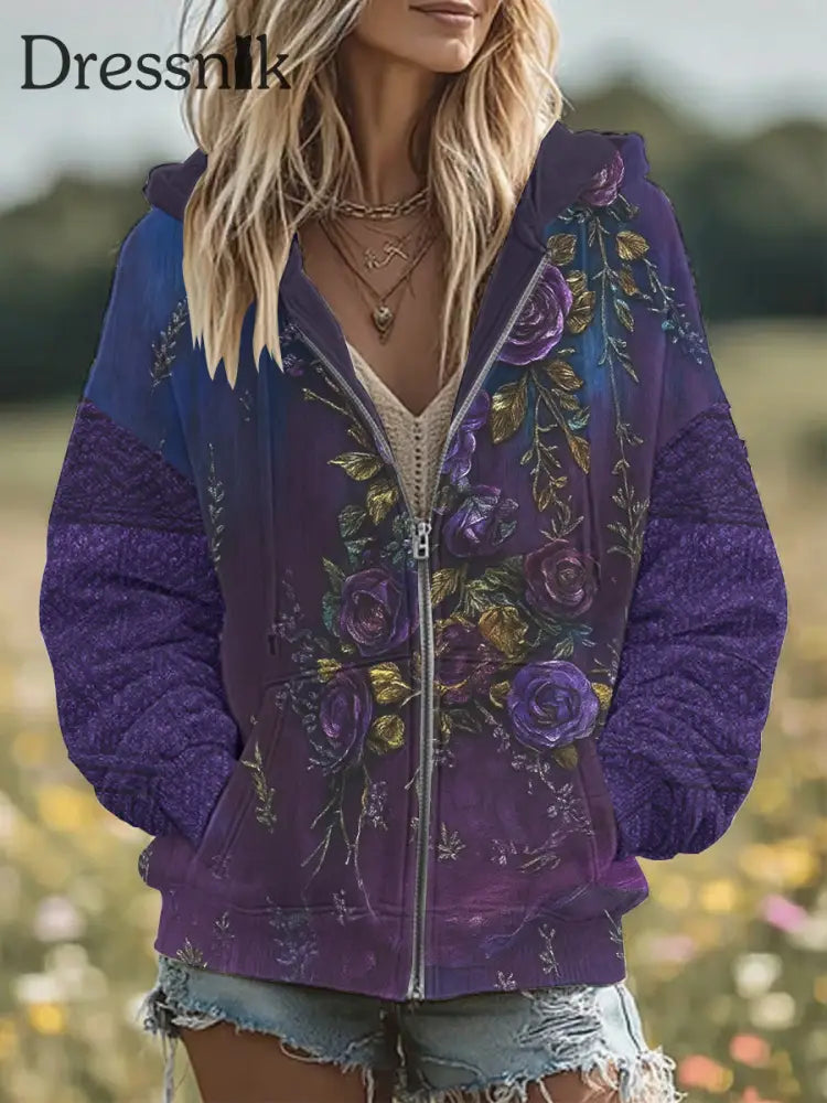Damen Retro 3D Blumen stickerei Gradienten muster mit Kapuze Reiß verschluss Übergroße Strickjacke Lila / S