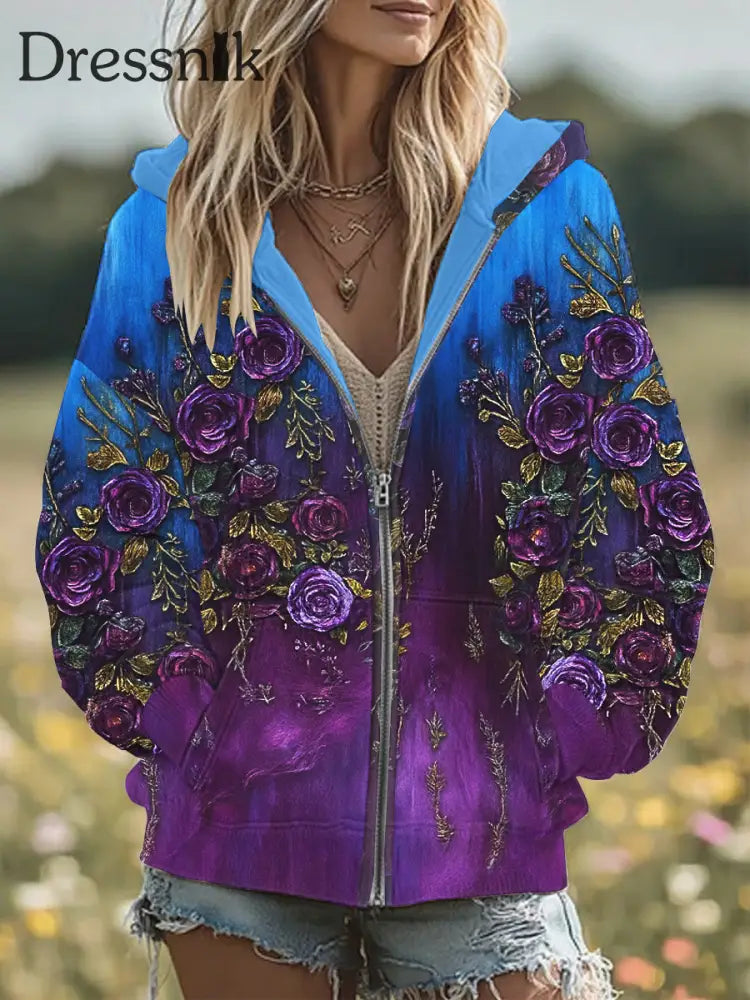 Damen Retro 3D Blumen stickerei Gradienten muster mit Kapuze Reiß verschluss Übergroße Strickjacke Lila / S