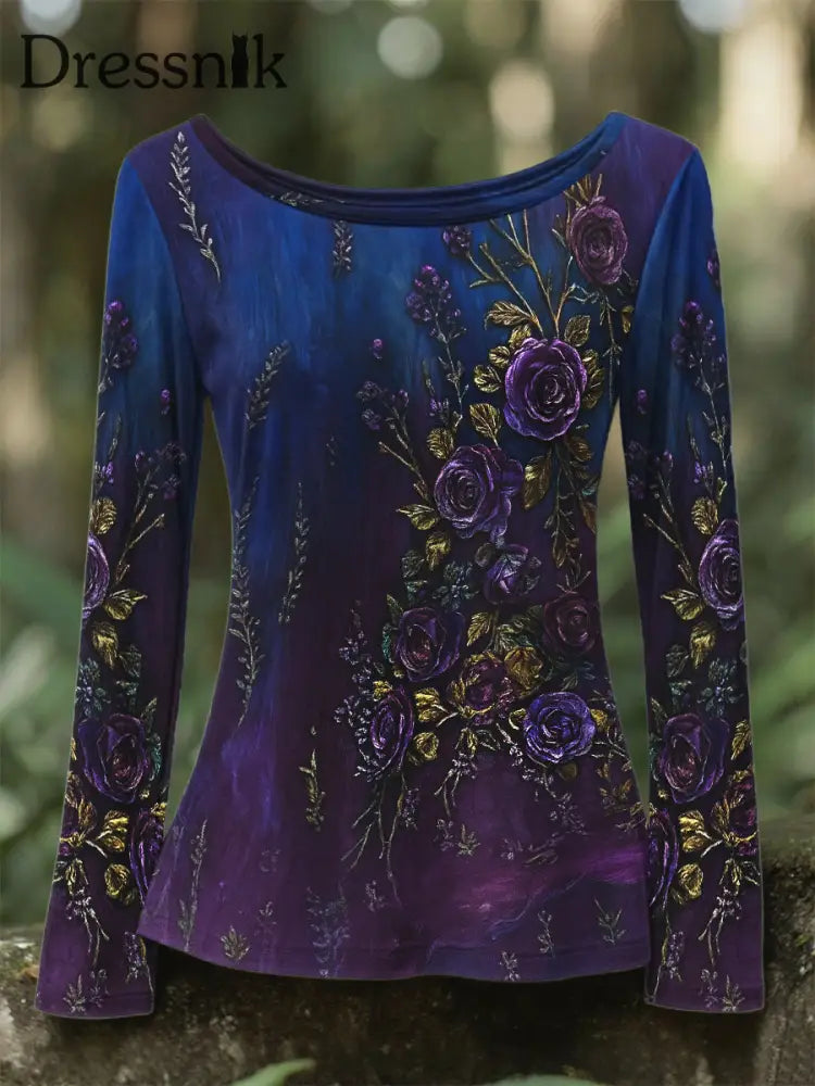 Damen Retro 3D Floral Stickerei Gradienten muster Rundhals T Shirt mit langen Ärmeln Lila / S