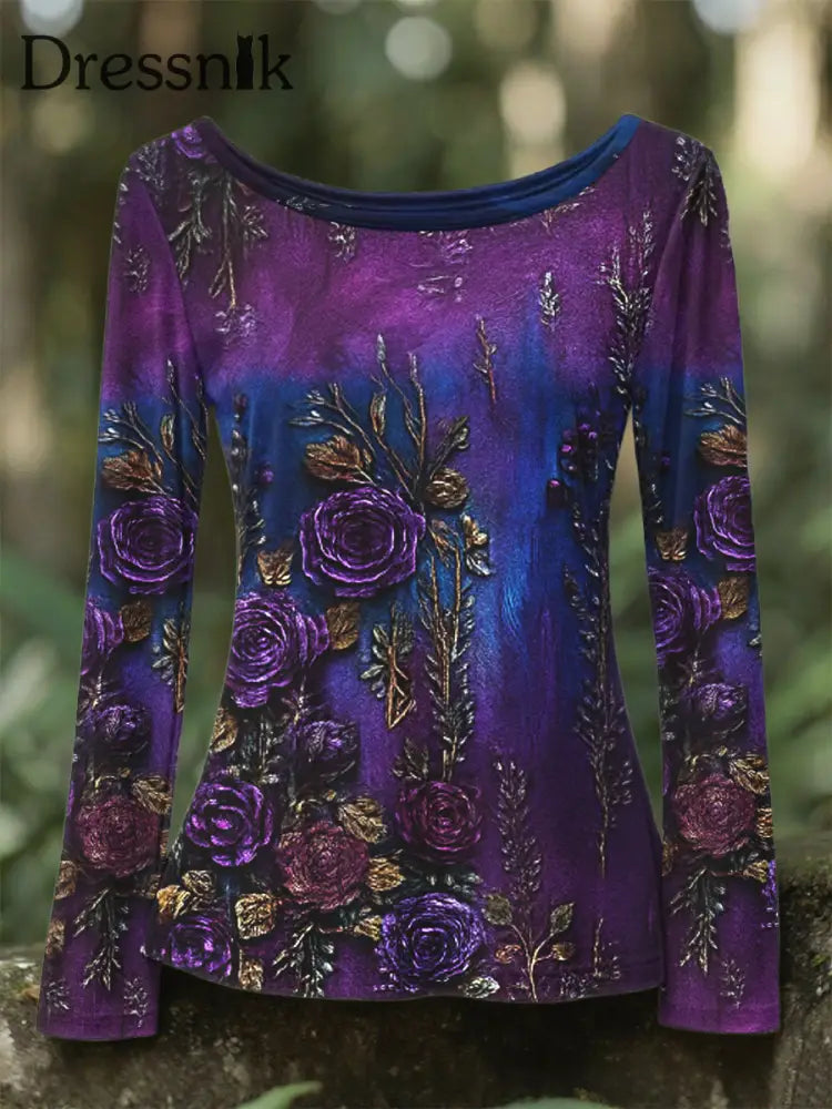 Damen Retro 3D Floral Stickerei Gradienten muster Rundhals T Shirt mit langen Ärmeln Lila / S