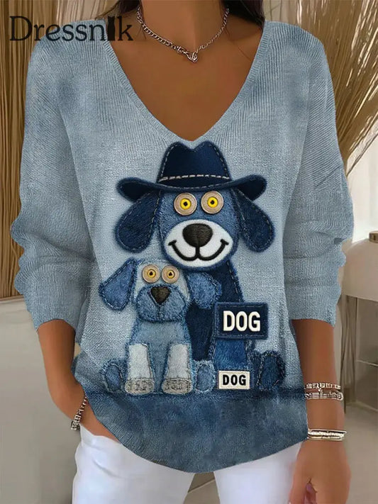 Damen Retro Animal Print Lässiges Langarm Top A / S