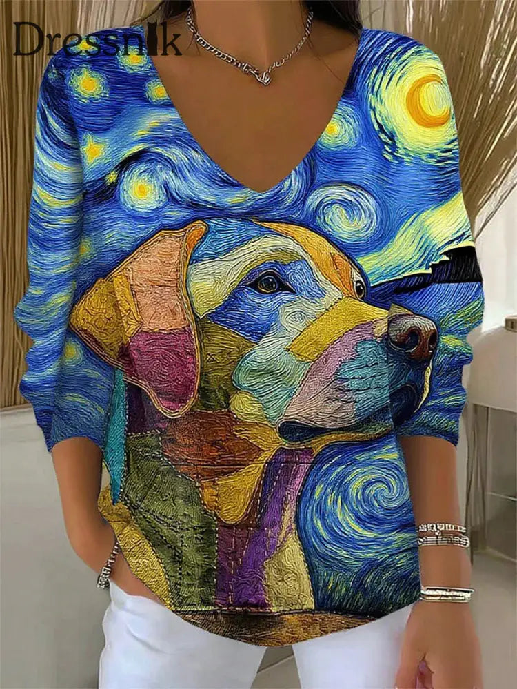 Damen Retro Animal Print Lässiges Langarm Top A / S