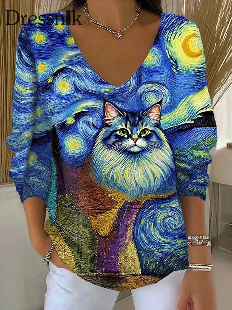 Damen Retro Animal Print Lässiges Langarm Top A / S