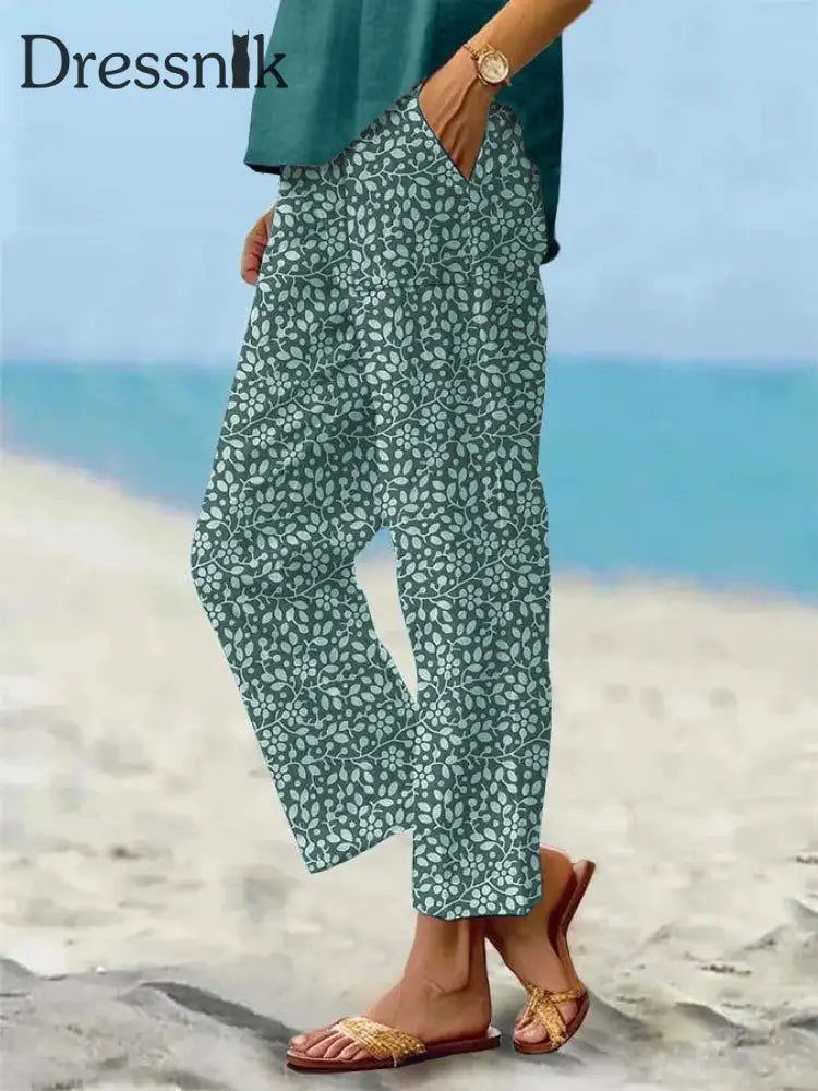 Damen Retro-Blumen druck Freizeit hosen aus Baumwolle Grün / S
