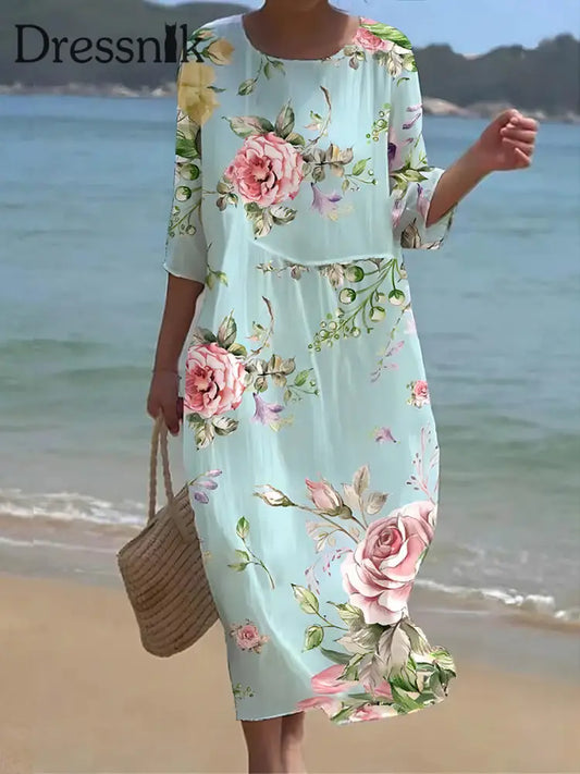 Damen Retro Blumen kunst druck Rundhals Maxi kleid