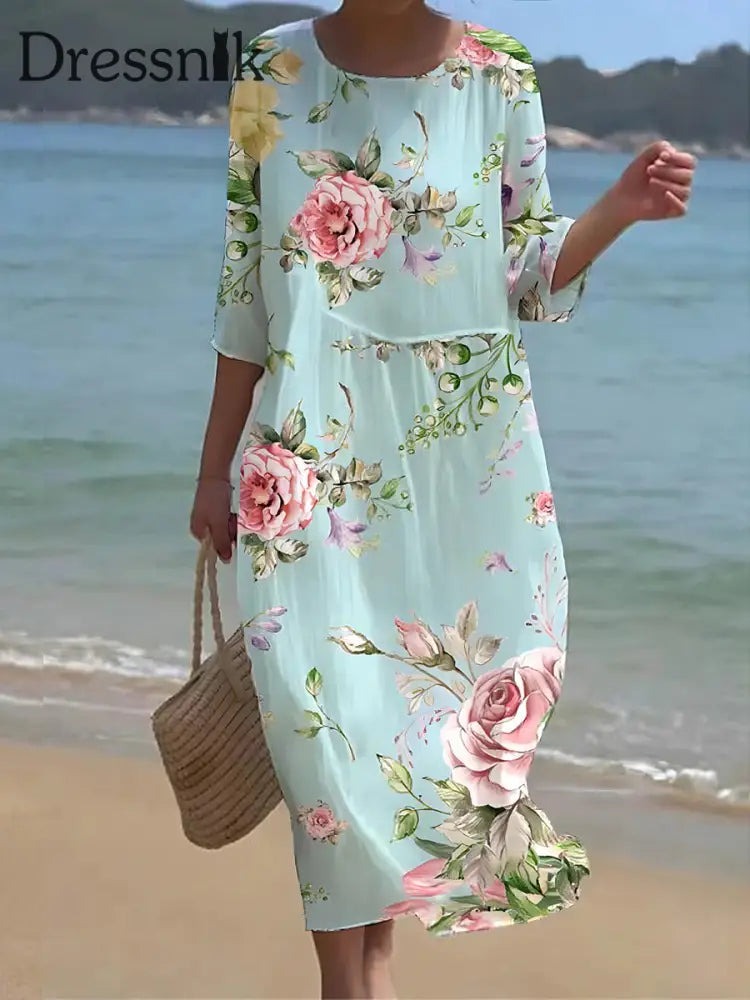 Damen Retro Blumen kunst druck Rundhals Maxi kleid A / S