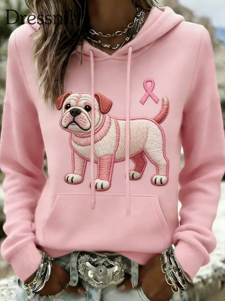 Damen Retro Bulldogge Brustkrebs Bewusstsein Casual Kapuzen Sweatshirt Rosa / S