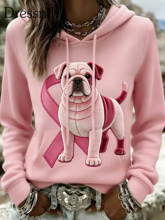 Damen Retro Bulldogge Brustkrebs Bewusstsein Casual Kapuzen Sweatshirt Rosa / S