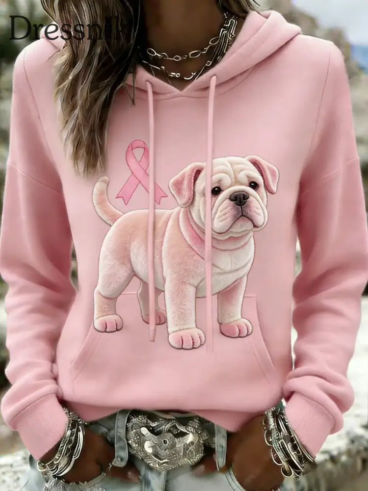 Damen Retro Bulldogge Brustkrebs Bewusstsein Casual Kapuzen Sweatshirt Rosa / S