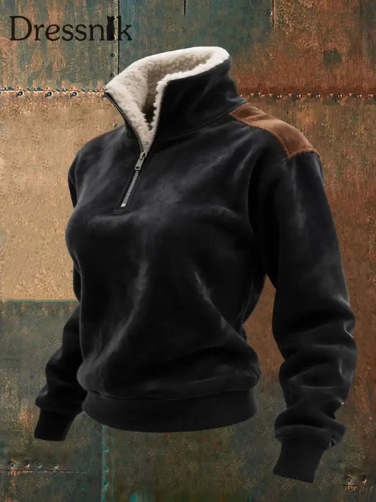 Damen Retro Casual Kontrast Farbe Nähen Reiß verschluss Pullover Schwarz / S