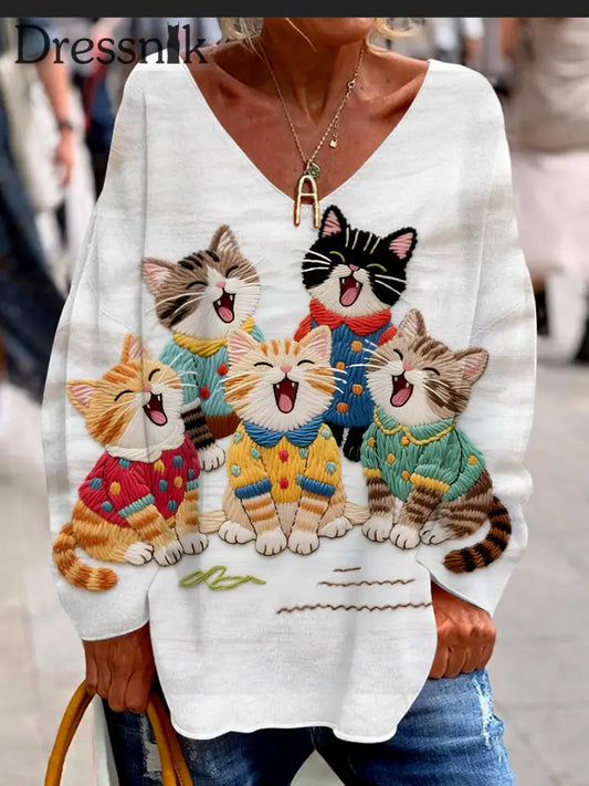 Damen Retro Cat Art Print Lässiges T Shirt mit langen Ärmeln A / S