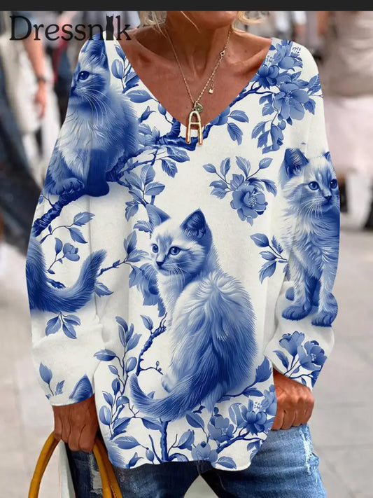Damen Retro Cat Art Print Lässiges T Shirt mit langen Ärmeln A / S