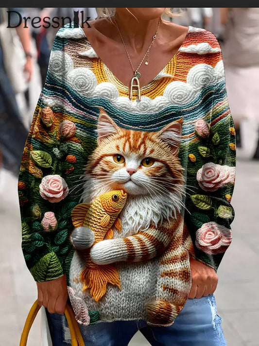 Damen Retro Cat Art Print Lässiges T Shirt mit langen Ärmeln A / S
