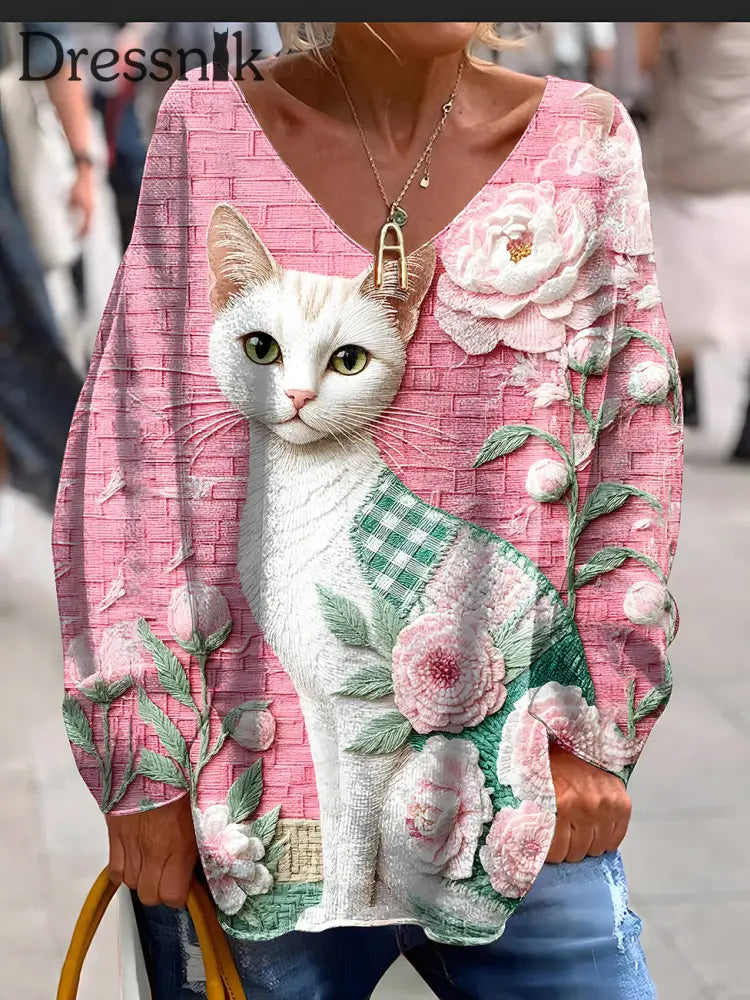 Damen Retro Cat Art Print Lässiges T Shirt mit langen Ärmeln A / S