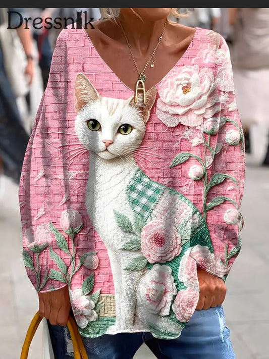Damen Retro Cat Art Print Lässiges T Shirt mit langen Ärmeln A / S