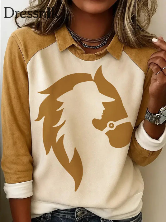 Damen Retro Cowgirl und Pferd Print Casual Sweatshirt hellbraun / S
