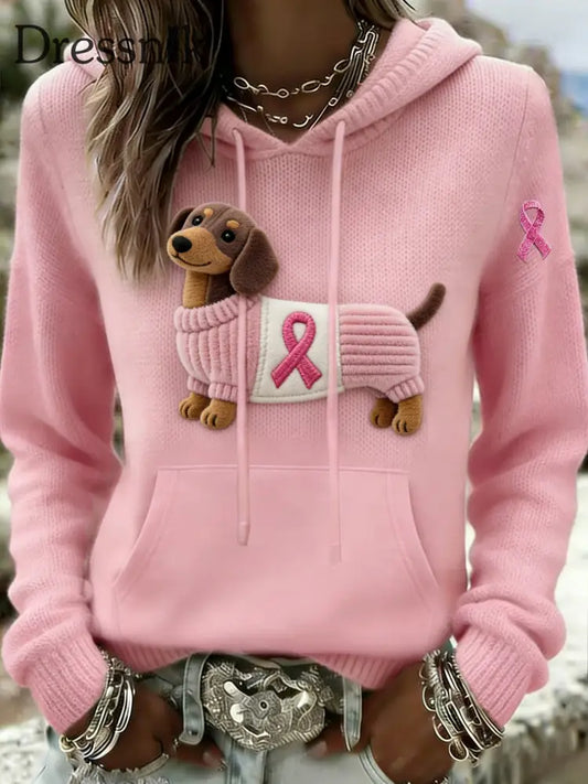 Damen Retro Dackel Brustkrebs Bewusstsein Casual Kapuzen Sweatshirt Rosa / S