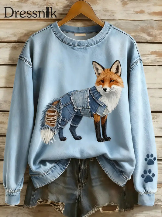 Damen Retro Denim Patchwork Tier Kunst Druck lässig Komfort Langarm Sweatshirt A / S