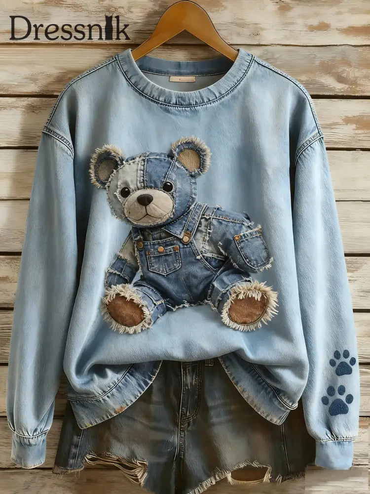 Damen Retro Denim Patchwork Tier Kunst Druck lässig Komfort Langarm Sweatshirt A / S