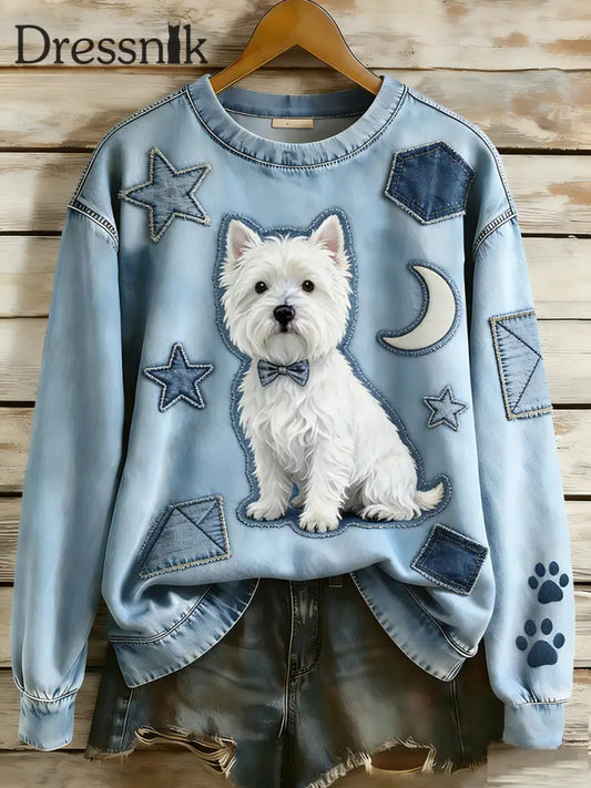 Damen Retro Denim Patchwork Tier Kunst Druck lässig Komfort Langarm Sweatshirt A / S