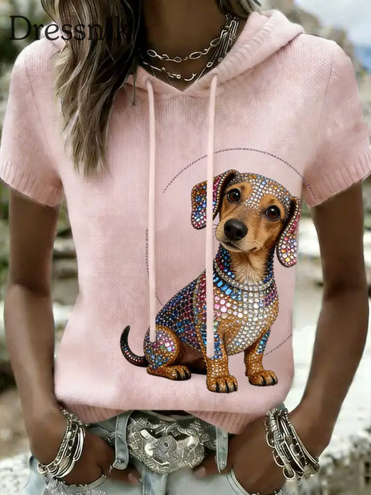 Damen Retro Diamant Dackel Brustkrebs Prävention lässig Kapuzen Kurzarm T-Shirt Rosa / S
