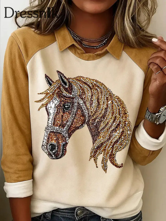 Damen Retro Diamant Pferdekopf Druck Pferd Liebhaber lässig Sweatshirt Gelbbraun / S
