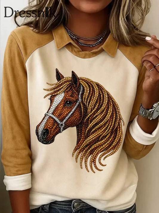 Damen Retro Diamant Pferdekopf Druck Pferd Liebhaber lässig Sweatshirt Gelbbraun / S