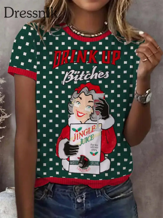 Damen Retro Drink Up Bitches Weihnachts druck Rundhals-Kurzarm-T-Shirt als bild / S