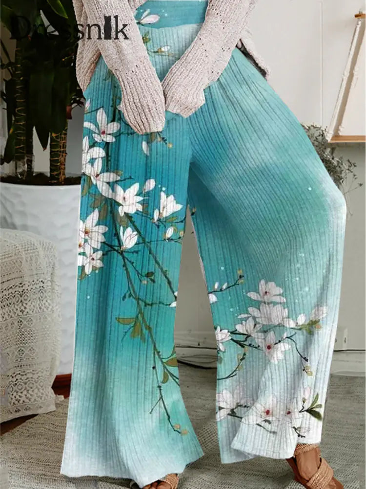 Damen Retro Floral Art Print Lässig Bequeme Hose Mit Weitem Bein A / S