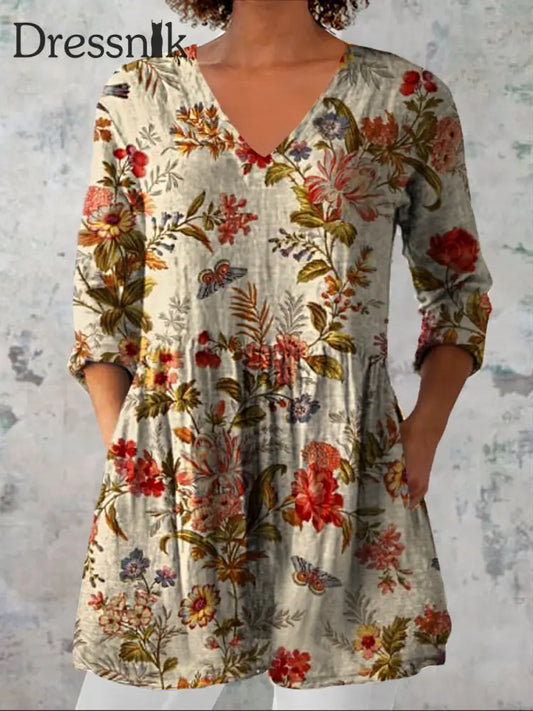 Damen Retro Floral Art Print Lässiger V-Ausschnitt Dreiviertel-Ärmel Elegantes