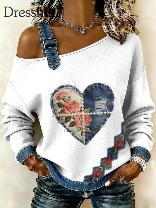 Damen Retro Floral Heart Patchwork Print lässig schulter freies Sweatshirt als bild / S