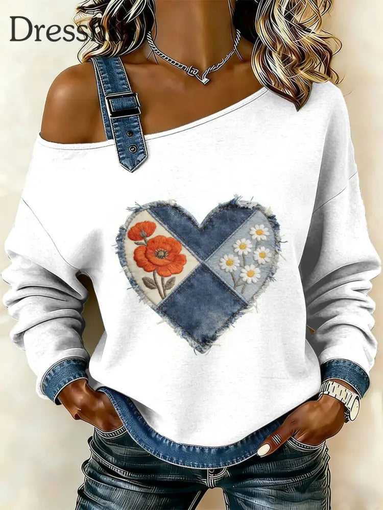 Damen Retro Floral Heart Patchwork Print lässig schulter freies Sweatshirt als bild / S
