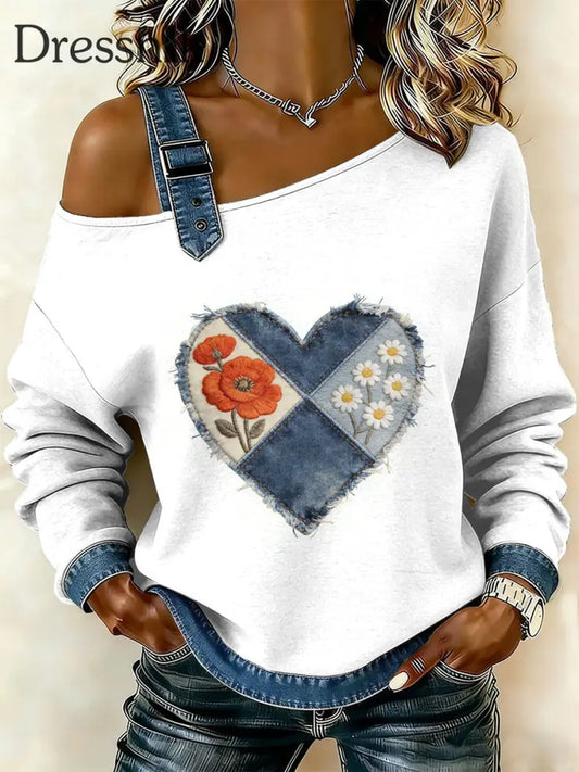 Damen Retro Floral Heart Patchwork Print lässig schulter freies Sweatshirt als bild / S