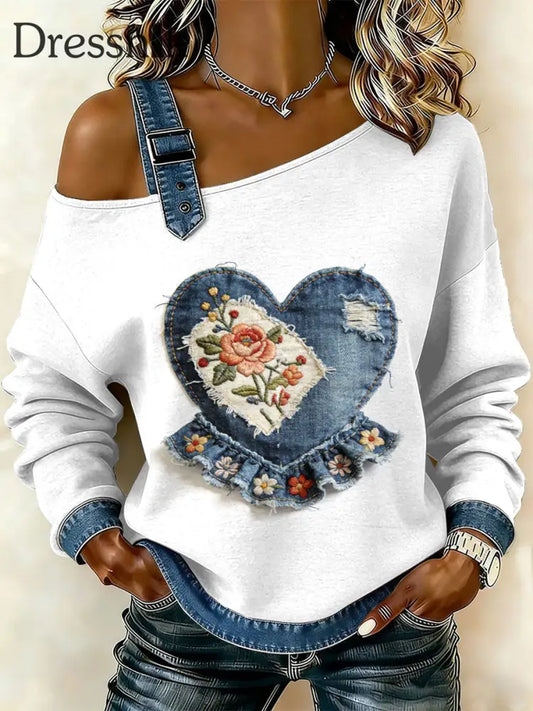 Damen Retro Floral Heart Patchwork Print lässig schulter freies Sweatshirt als bild / S