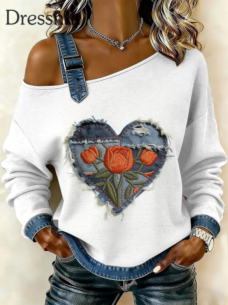 Damen Retro Floral Heart Patchwork Print lässig schulter freies Sweatshirt als bild / S