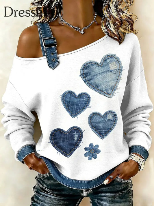 Damen Retro Floral Heart Patchwork Print lässig schulter freies Sweatshirt als bild / S