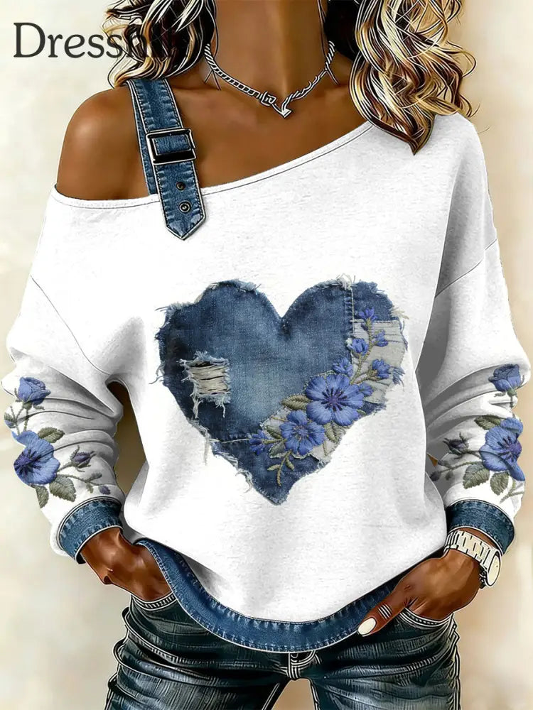 Damen Retro Floral Heart Patchwork Print lässig schulter freies Sweatshirt als bild / S